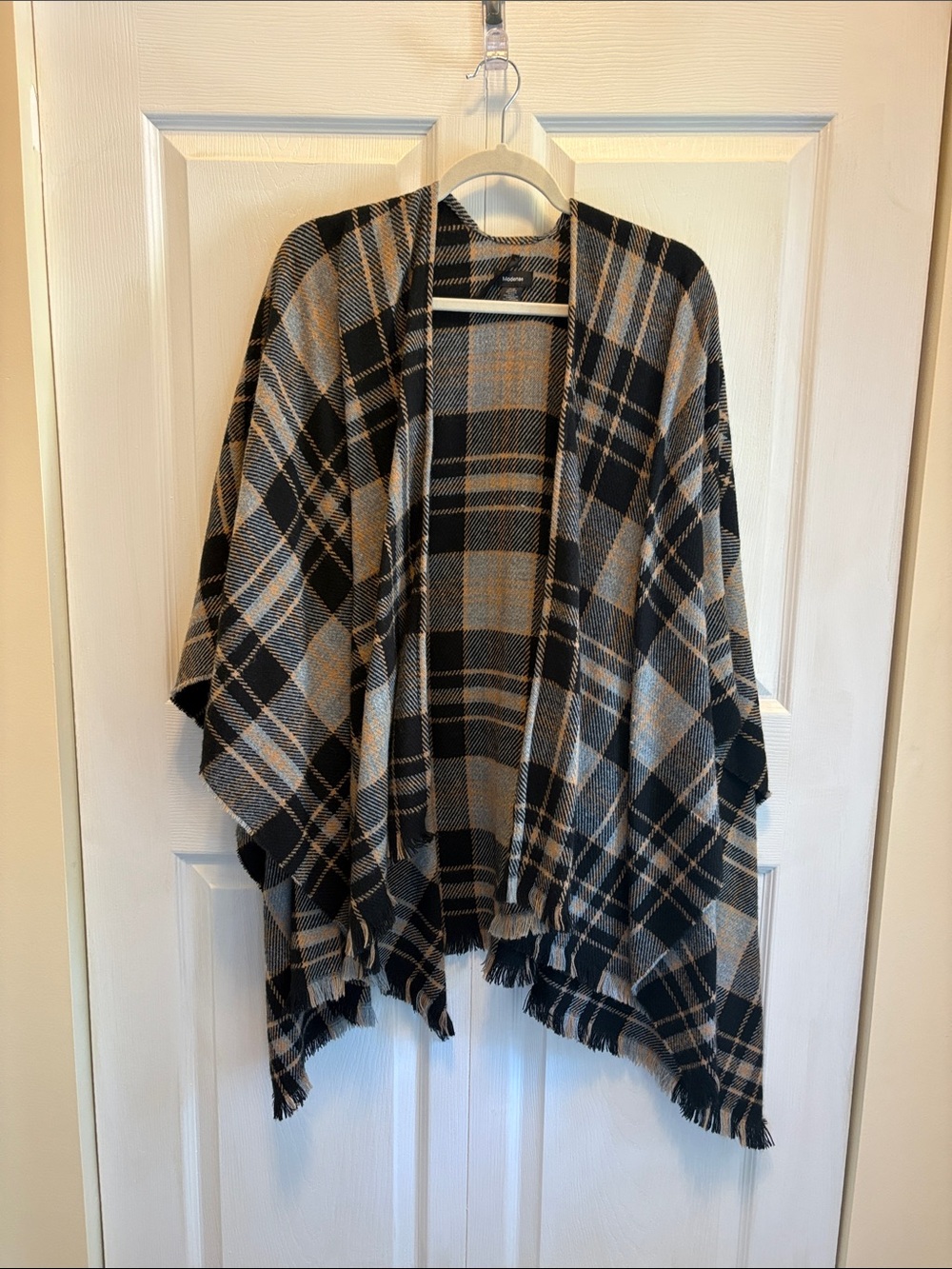 Plaid Open-Front Cape in Black and Tan